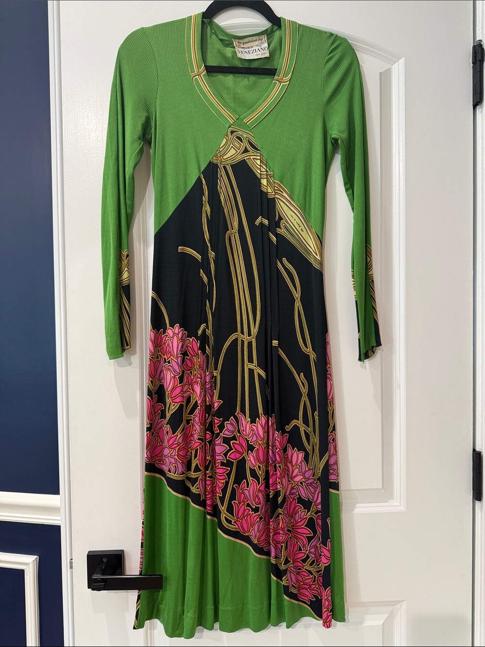 Venezia Green Black Pink Long-Sleeve Floral Maxi Dress with Gold Print